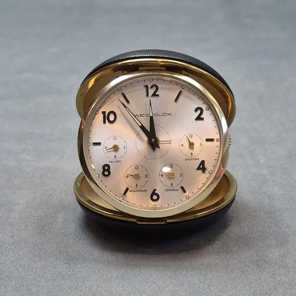 Westclox Travel Alarm Clock Vintage Round Black Clam Shell Case Japan Works